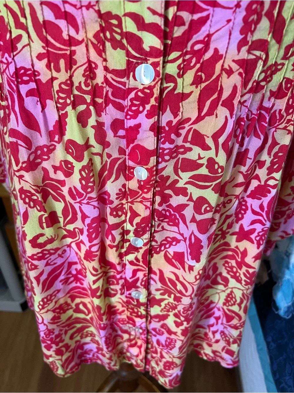 Blue Ginger Women’s Medium Vibrant Pink & Yellow Floral Button-Front Blouse